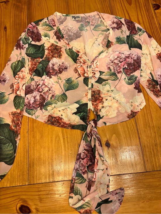Show Me Your MuMu Tops - Show Me Your MuMu Pink Floral Tie-Front Top with Green Leaves